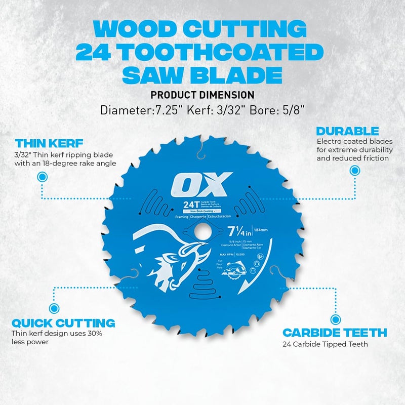 OX Pro 7 1/4 inch Circular Saw Blade for Wood Cutting - 24-Tooth Coated Saw Blade 10 Pack - Image 3